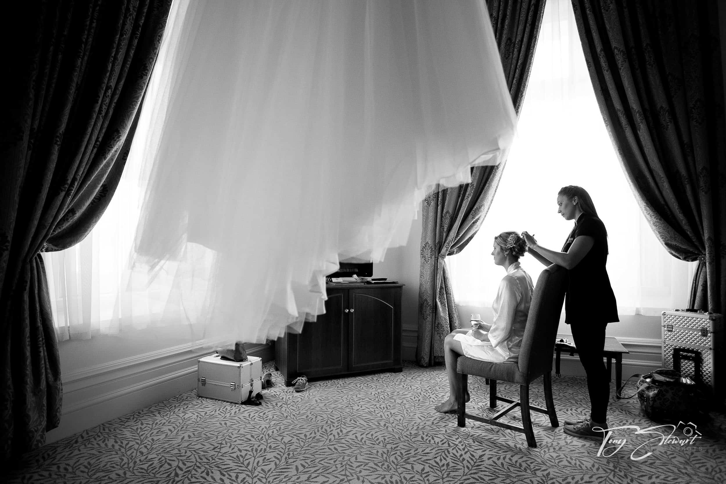 Bride at the Heritage Hotel in Christchurch, as her hair completed before her wedding.