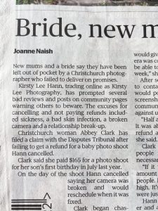 CHCH Press front page, 7th Oct 2023 about wedding photographer not delivering.